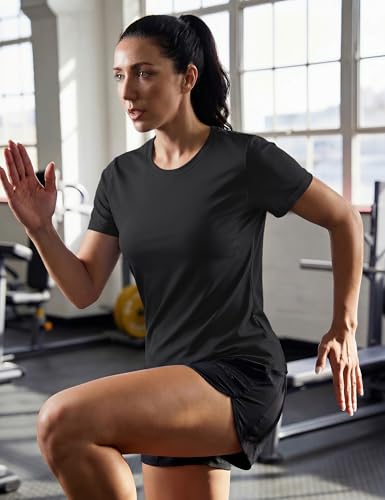 Women's Short Sleeve Workout Shirt - UPF 50+ Sun Protection, Quick Dry Athletic Tee - Black, Medium