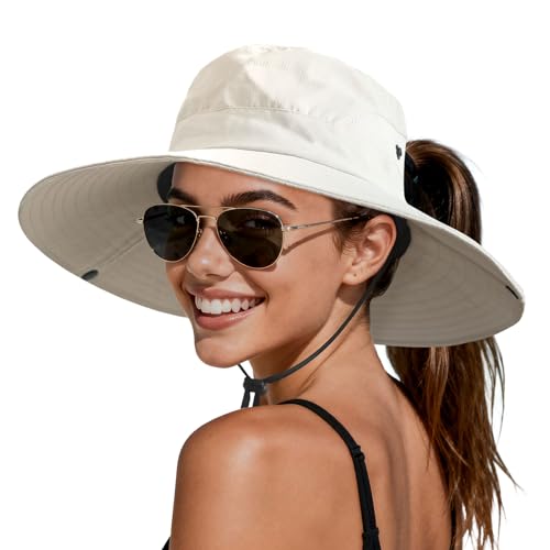 Wide Brim Sun Hat for Women & Men - UPF 50+ Bucket Hat - Beige