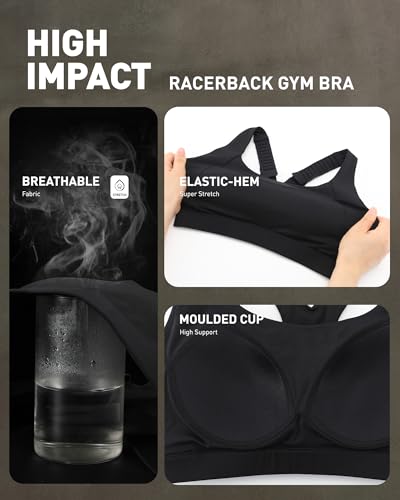 RUNNING GIRL High Support Sports Bra for Women Large Black, Adjustable Racerback with Hook Closure
