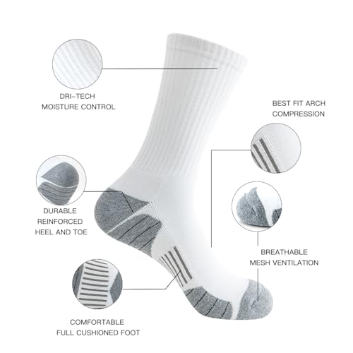 JOYNÉE 8 Pairs Mens Athletic Crew Socks Cushion Running Work Breathable White Large