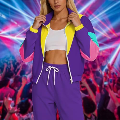 Aluvee Women's 80s Retro Color Block Track Suit XL Purple Windbreaker Set