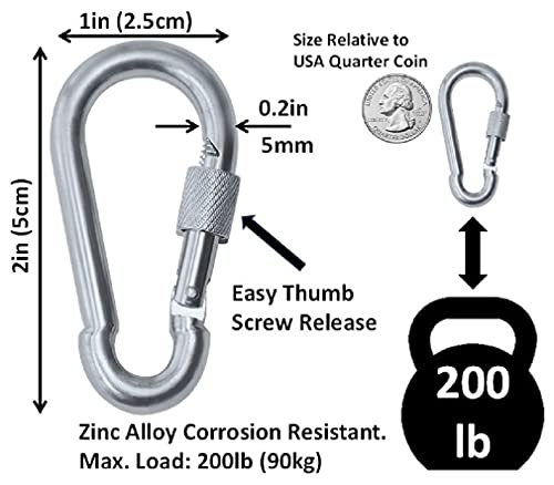 Heavy Duty Steel Carabiner Snap Hook with Thumb Screw Lock - 5cm 2-Pack Silver