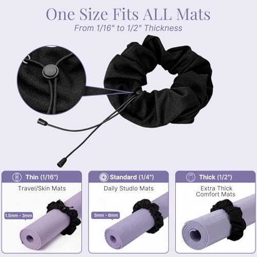Adjustable Yoga Mat Scrunchie - Black Elastic Mat Strap & Hair Tie