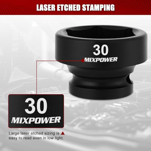 MIXPOWER 1/2" Drive Stubby Impact Socket,CR-MO,30mm,6-Point,Metric,Radius Corner Design, Axle Nut Impact Grade Socket for Easy Removal