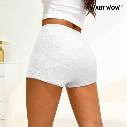Floral Lace Booty Shorts - Women's Summer Mini Shorts, White Lace Flower, Medium