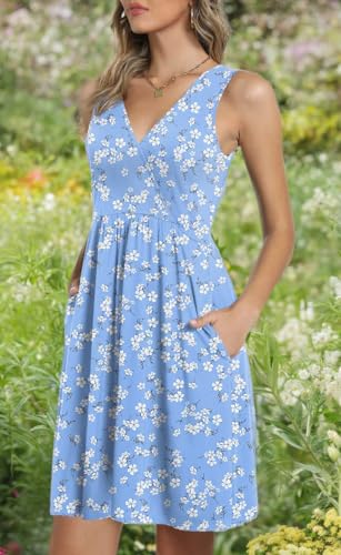 CATHY Women V-Neck Sleeveless Dress with Pockets - White Floret, XL