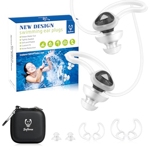 Black Waterproof Ear Plugs for Swimming & Water Sports with Lanyard, 3 Sizes & Secure Wings