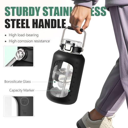WINSA 100 oz Large Glass Water Bottle with Dual-Purpose Lid - Black