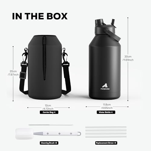 Midnight POWCAN 64oz Insulated Water Bottle with Straw & Spout Leakproof Lid & Shoulder Strap
