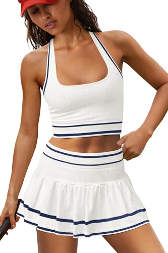 ReachMe Women's 2-Piece Tennis Skirt Set White/Navy - 3D Stretch Moisture-Wicking, Built-in Shorts, Pockets, Small