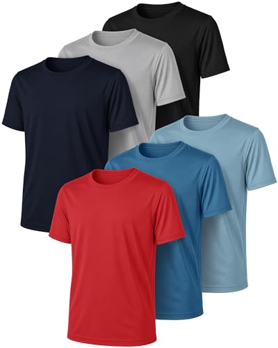 Boys 6 Pack Athletic Shirts - Quick-Dry Short Sleeve Tees