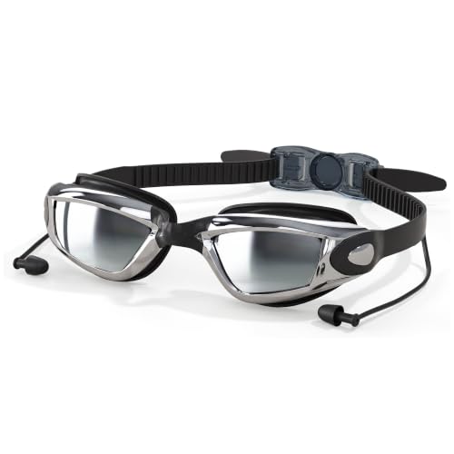 Jisucute Anti-Fog Swim Goggles for Adults with Ear Plugs - Anti-UV, Black