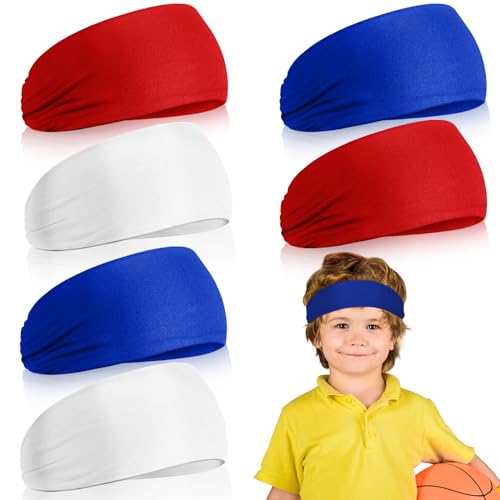 Deekin Kids' Sports Sweatbands 6-Pack - Red, White & Blue Breathable Headbands for Youth Athletic Activities (Ages 5-15)