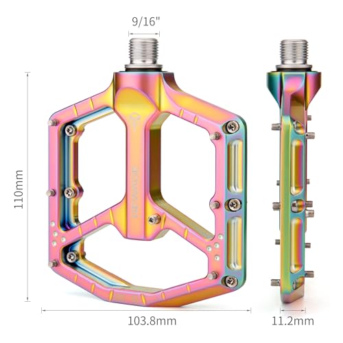 GEWAGE Rainbow Aluminum Mountain Bike Pedals - Flat Platform, Sealed Bearings, Anti-Slip Pins, 9/16 Inch