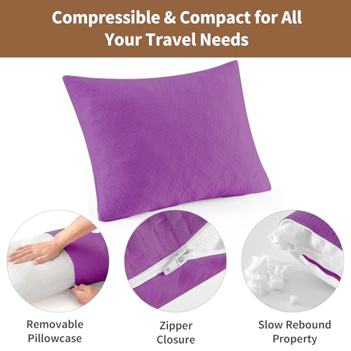 PEUJEW Purple Travel Memory Foam Pillow 16x12 Inch Compact Camping & Hiking Support