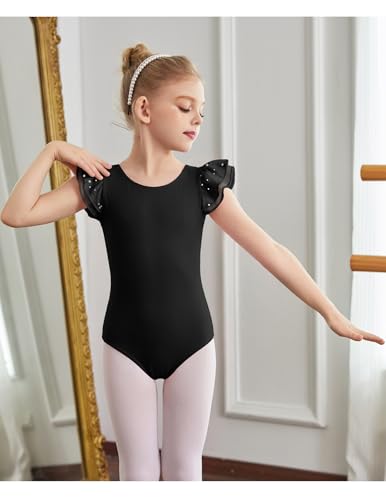 Ballet Leotard for Girls - Bow Back Chiffon Ruffle Sleeve - 4-5T Black