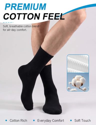 Rehelu Men's Thin Cotton Crew Socks 5 Pairs - Athletic Running Gym Socks, Size 9-11, White
