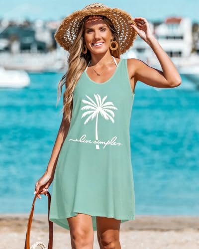 Women's Light Blue Coconut Tree Bikini Coverup Tank Dress - Large
