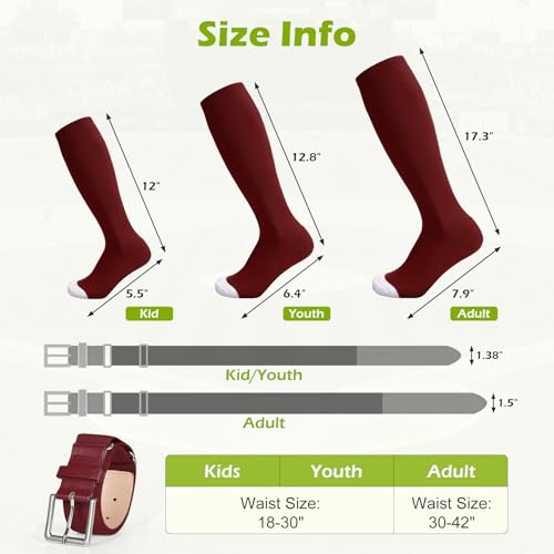 Baseball Softball Socks and Belt Combo Set - Knee-High, Medium, Wine Red