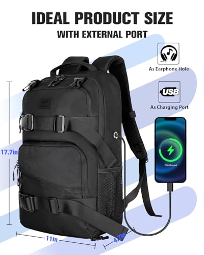 WOLT Skateboard Backpack Black 15.6 Inch Laptop Sports Bag with Ball Holder