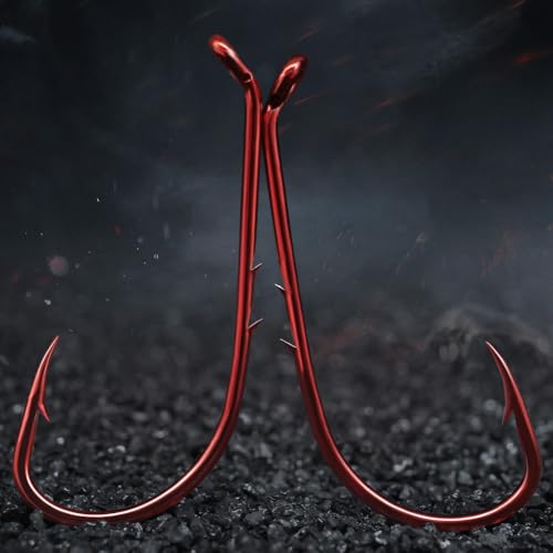 Baitholder Fishing Hooks - Double-Barbed Long Shank, 100 Pack, Red, Size 8