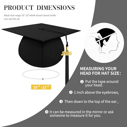 Unisex Matte Graduation Cap 2026 2027 with Tassel - Black, One Size