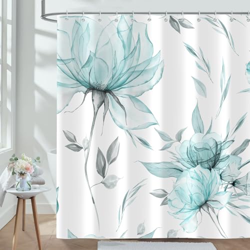 Aeyadis Teal Grey Watercolor Shower Curtain 72x72 in with 12 Hooks, Waterproof Polyester