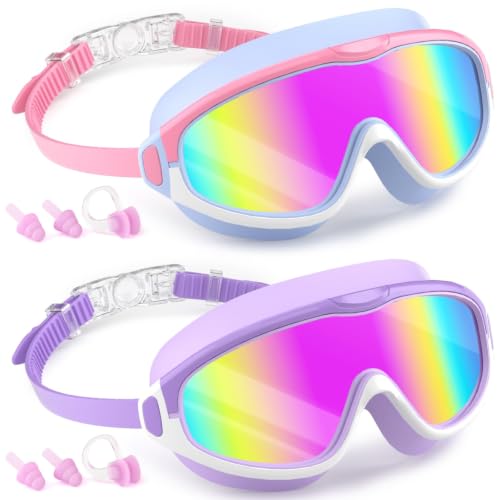 COOLOO Kids Swim Goggles 2 Pack Wide View No Leaking UV Protection Purple/Pink & Blue Mirrored Lens