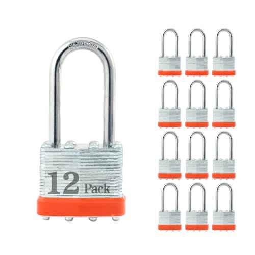 ZonRo Locks Laminated Steel Keyed Padlocks,Keyed Alike Locks, 1-9/16 inch Wide,Long Shackle Padlocks, Pack of 12£¬Orange Hoop, for Hasp Latch, Sheds, Fences, Storage Locker, School, Gym