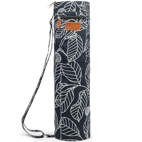 Yoga Mat Bag - Full-Zip Canvas Carrier with Pockets - Navy Blue Leaf