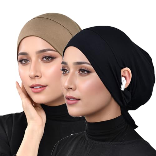 Hophor Black & Khaki Hijab Undercaps Slouchy Beanie Cap for Women Muslim Jersey Inner Beanie