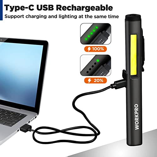 WORKPRO Rechargeable Pen Light with UV & 450 Lumen LED Flashlight - Black