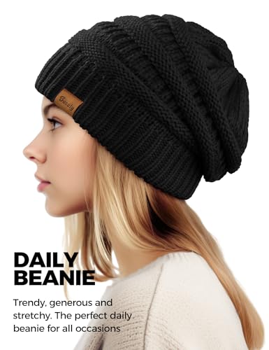 Chunky Cable Knit Slouchy Beanie for Women - Black