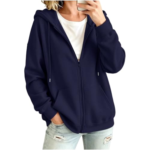 Women's Oversized Zip-Up Hoodie - Large Navy, Cozy Fleece Jacket