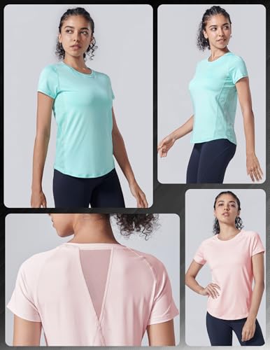 Women's Dry Fit Short Sleeve Workout Tops - 5 Pack, Medium, Pink/White/Black/Purple/Turquoise