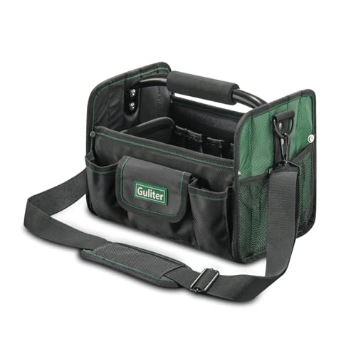 11 Inch Small Tool Bag, Open Top Tool Tote with Stainless Steel Handle and Adjustable Shoulder Strap,21 Pockets Electrician Tool Bags,Black/Green