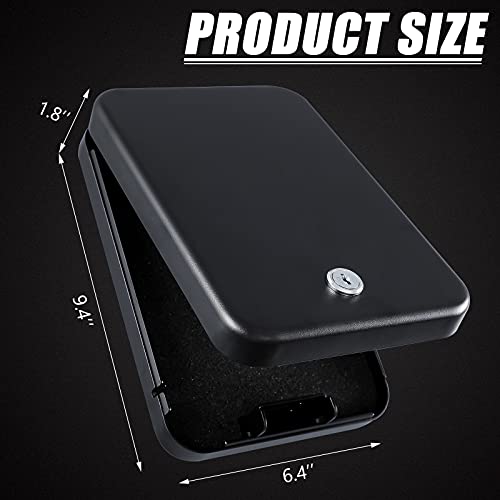 Portable Travel Pistol Safe - Key Lock Gun Storage Box (9.4" x 6.4" x 1.8")