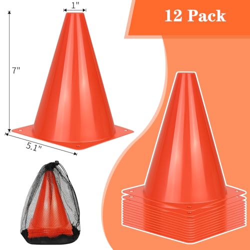 7" Plastic Soccer Cones Set - 12pcs Training Cones with Carry Bag