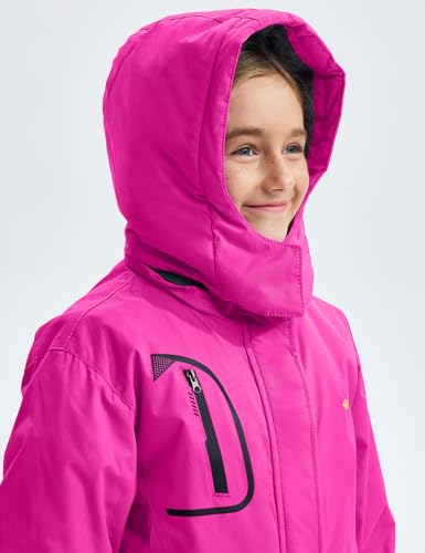 GEMYSE Girl's Waterproof Ski Snow Jacket with Fleece & Hood - Rose Red, Size 10-12