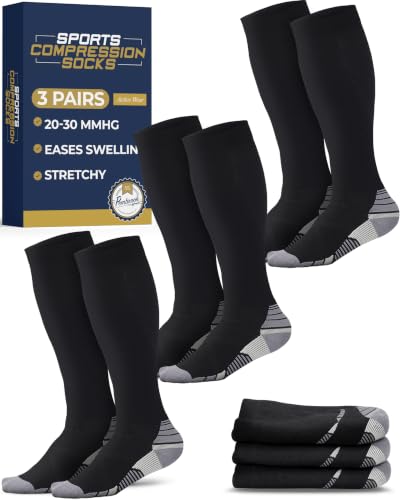 Large Black Pembrook 3 Pairs Compression Socks 20-30 mmHg for Running, Travel, Nurses