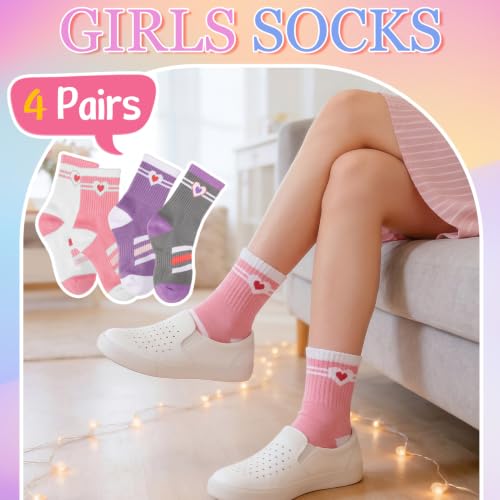 Girls Heart and Striped Cotton Socks - 4 Pair Set