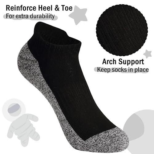 Cushioned Athletic Ankle Socks for Boys & Girls - 6 Pairs Black & Grey (11-13 Years)