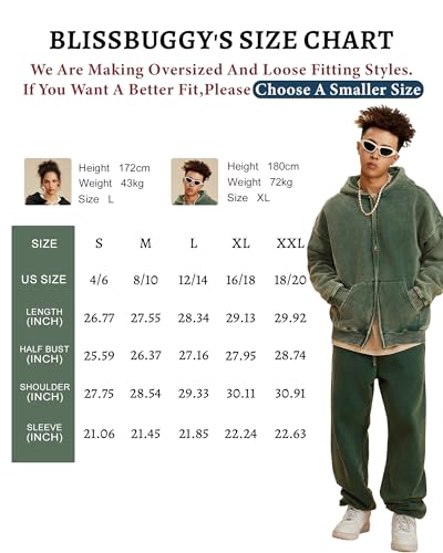 BlissBuggy Men's Acid Wash Black Oversized Zip Up Hoodie Small Heavyweight Cotton Fleece Vintage Sweatshirt