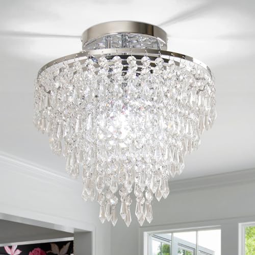FRIXCHUR 11.8" Crystal Chandelier Chrome Flush Mount Ceiling Light 5 Tiers Raindrops Silver Chandeliers for Bedroom Hallway Living Room,E26 Base