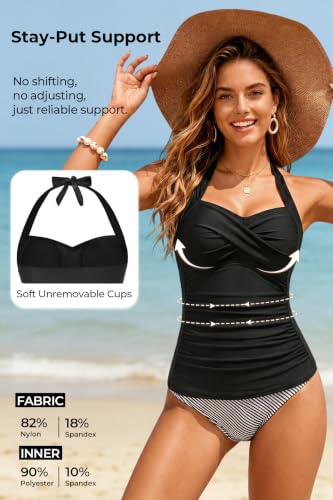 Talisea Women Halter Tankini Bathing Suit Top with Tummy Control – Black, Large