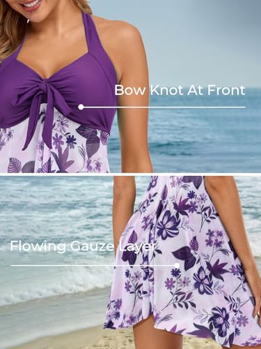 MiYang Womens Tankini Swimdress with Boyshorts — Purple Phalaenopsis, V-Neck Bowknot Halter, Two-Piece Bathing Suit Dress (Large)