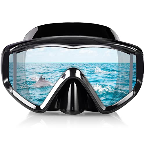 EXP VISION 2-Pack Black & Blue Panoramic 3 Window Snorkel Masks with Dry Top Snorkels for Diving & Swimming