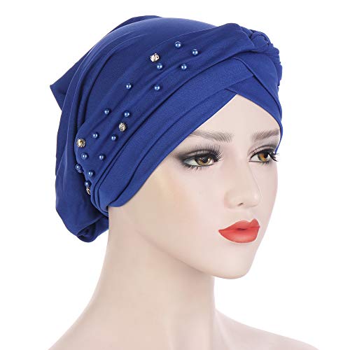 Women's Beaded Pre-Tied Turban Hat - Soft Silky Chemo Beanie - Blue