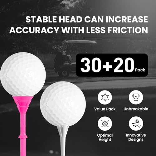 Golf Tees Set - 30 Unbreakable 3 1/4 Inch & 20 Short 1 1/2 Inch - Pink Bag