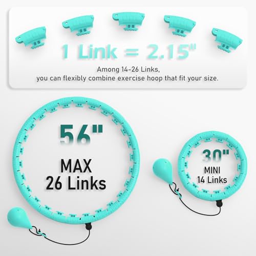 Weighted Hula Hoop with 26 Links - Cyan, 56-66 Inch for Weight Loss